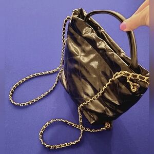 Elegant Black Quilted Bag with Gold Chain Backpack Straps, Patent faux Leather